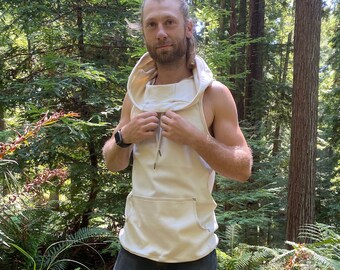 The Portal Tank - Bio Baumwolle Natürlicher Ärmelloser Kapuzenpullover / Schlichter Kapuzenpullover / Herren Hoodie / Damen / Ninja / Weiß / Brennender Mann