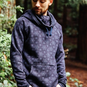 The Portal Hoodie - Organic Cotton Cowl Hooded Pullover / Sacred Geometry Clothing / Extra Long Men and Women&#39;s Black Geometric Hoodie