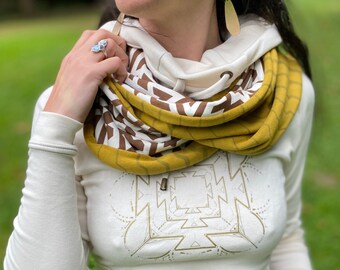 Organic Cotton 2 Tone Infinity Scarf / Sacred Geometry Clothing / Women's neck warmer / Geometric / Natural / Earth Tone color / Festival