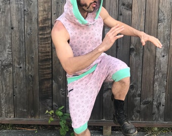 The Summer Jumpsuit - Organic Cotton Hooded Tank Top & Drop Crotch Shorts / Festival / Hoodie / Sacred Geometry Joggers / Men's Romper