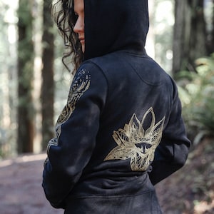 The Lotus - Organic Cotton Zip-Up Hoodie / Women's organic Hoodie / Geometric / Gold / Sacred Geometry Clothing / Black Flower of life shirt