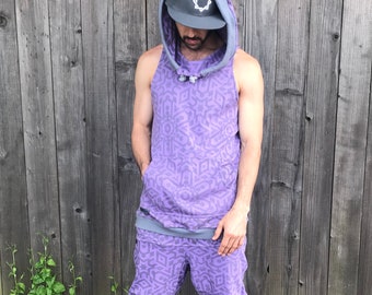 The Summer Jumpsuit - Organic Cotton Hooded Tank Top & Drop Crotch Shorts / Festival / Hoodie / Sacred Geometry Joggers / Men's Romper