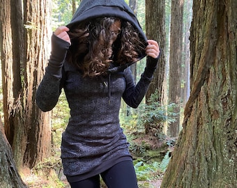 The Portal Dress / Organic Cotton Black Cowl Hood Dress with Pockets & Sleeves / Sacred Geometry Clothing / Women's Dress / Geometric