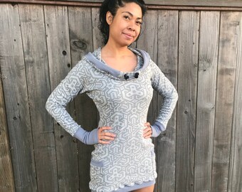 The Portal Dress - Organic Cotton Grey Cowl Hooded Dress / Sacred Geometry Dress / Festival / Geometric / Natural Hoodie / Dance Dress