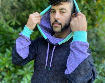 Hoodie The Portal - extra lange biokatoen trui met capuchon en heilige geometrie festivalkleding
