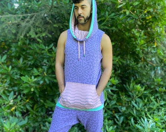 The Summer Jumpsuit - Organic Cotton Hooded Tank Top & Drop Crotch Shorts / Festival / Sleeveless Hoodie / Sacred Geometry Joggers / Romper