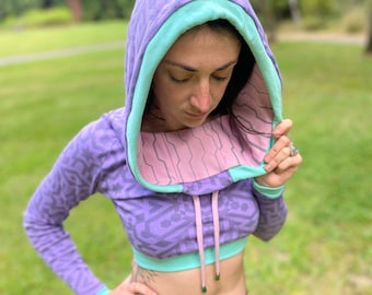 The Pixie Crop - Organic Cotton Crop Top Cowl Hoodie / Women&#39;s Yoga Wear / Dance wear / Sacred Geometry Clothing / Geometric / Festival
