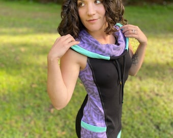 Sleeveless Side Panel Portal Dress / Organic Cotton Cowl Hooded Dress with Pockets / Sacred Geometry / Geometric / Rave / Dance / Activewear
