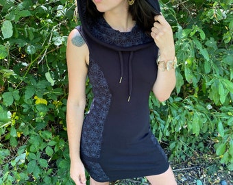 Sleeveless Side Panel Portal Dress / Organic Cotton Cowl Hooded Dress with Pockets / Sacred Geometry / Geometric / Rave / Dance / Activewear