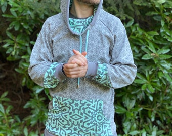 The Portal-hoody - biokatoen coltrui met capuchon / Heilige Geometrie-festivalkleding / Extra lange geometrische hoodie voor heren en dames