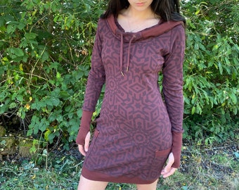 The Portal Dress / Organic Cotton Cowl Hood Dress with Pockets & Sleeves / Sacred Geometry Clothing / Women's Dress / Geometric / Hooded