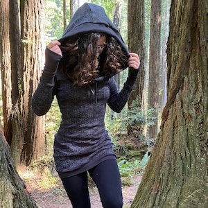 The Portal Dress / Organic Cotton Black Cowl Hood Dress with Pockets & Sleeves / Sacred Geometry Clothing / Women's Dress / Geometric