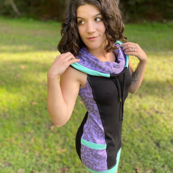 Sleeveless Side Panel Portal Dress / Organic Cotton Cowl Hooded Dress with Pockets / Sacred Geometry / Geometric / Rave / Dance / Activewear