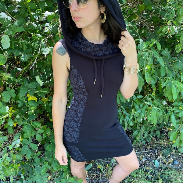 Sleeveless Side Panel Portal Dress / Organic Cotton Cowl Hooded Dress with Pockets / Sacred Geometry / Geometric / Rave / Dance / Activewear