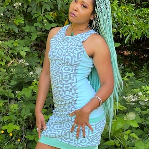Sleeveless Side Panel Dress / Organic Cotton Blue Sleeveless Dress w/ Pockets / Sacred Geometry / Geometric / Women&#39;s Dance Dress / Rave
