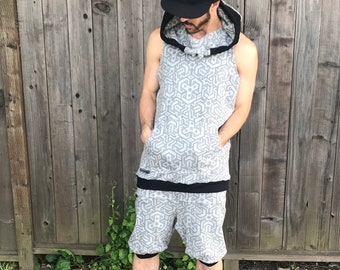 The Summer Jumpsuit - Organic Cotton Hooded Tank Top & Drop Crotch Shorts / Festival / Hoodie / Sacred Geometry Joggers / Men's Romper