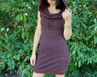 Sleeveless Portal Dress / Organic Cotton Cowl Hooded Dress with Pockets / Sacred Geometry / Geometric / Natural / Dance / Festival / Burner