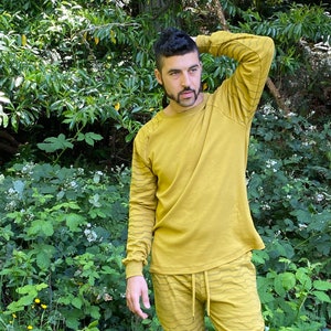 Vortex Long Sleeve - Organic Cotton Unisex Shirt / Men&#39;s Sacred Geometry Clothing / Women&#39;s Yellow Geometric Festival Raglan Loungewear