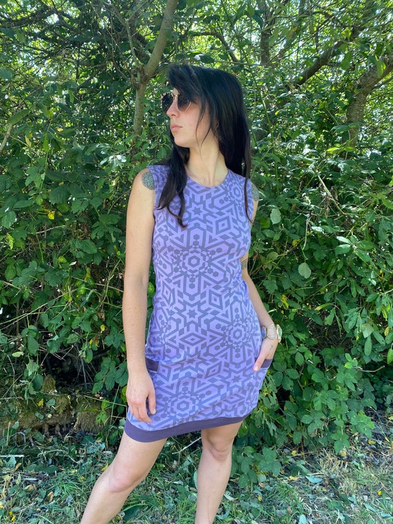 purple panel dress Sleeveless Side Panel Dress / Organic Cotton Purple Dress w/ Pockets / Sacred Geometry / Geometric / Women's Dance Dress / activewear / Rave