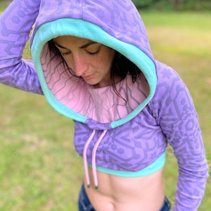 The Pixie Crop - Organic Cotton Super Cropped Hoodie / Women's Sacred Geometry Cowl Hood High-cut Hoodie