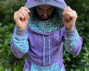 The Portal Hoodie - Organic Cotton Unisex Cowl Hoodie / Sacred Geometry Clothing / Men's / Festival / Geometric / Natural / Rave / Sci-Fi