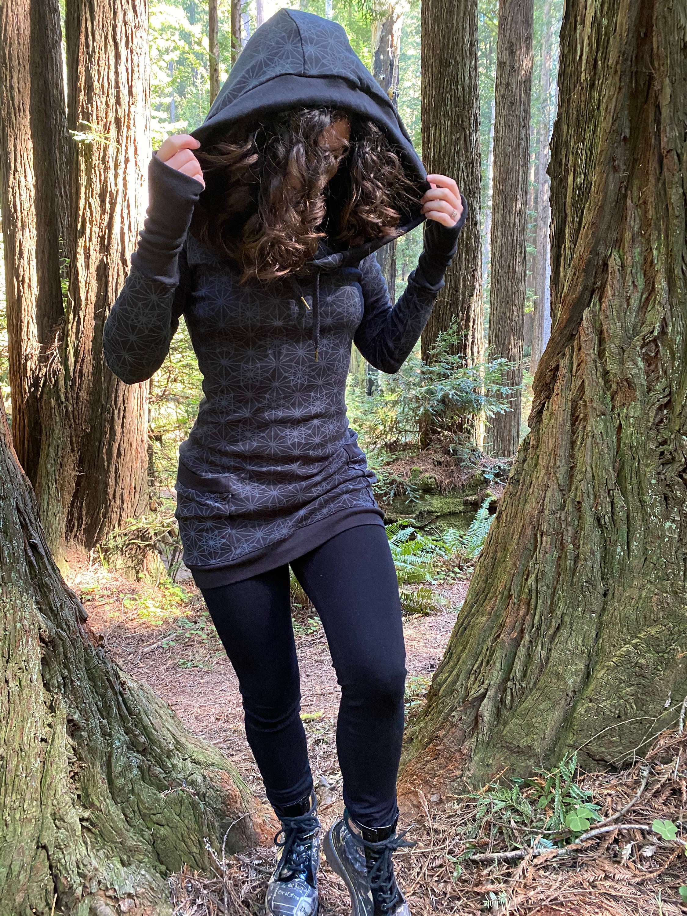 The Portal Dress - Organic Cotton Fitted Black Sacred Geometry Cowl Hood Long Sleeve Mini With Pockets & Thumbhole Cuffs