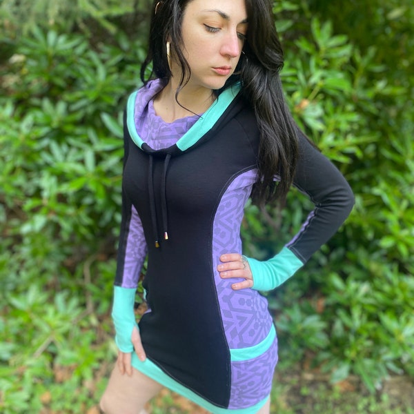 The Side Panel Portal Dress / Organic Cotton Cowl Black Hooded Dress / Festival Dance wear / Hoodie Dress with Thumbhole Cuffs and Pockets