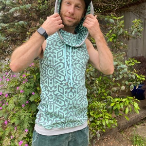 The Portal Tank - Bio Baumwolle Unisex Mint Blau Kapuzen Tank Top / Heilige Geometrie Ärmelloser Hoodie / Geometrisch Mens Streetwear