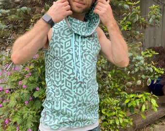 The Portal Tank - Bio Baumwolle Unisex Mint Blau Kapuzen Tank Top / Heilige Geometrie Ärmelloser Hoodie / Geometrisch Mens Streetwear