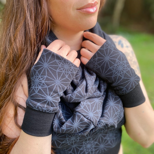 Geo Hand Warmers - Organic Cotton black Fingerless Gloves / women's / men's / cuff / bracelet / geometric / sacred geometry clothing /