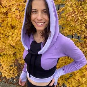 Interstellar Crop Hoodie - Organic Cotton Cowl Hooded Crop Pullover Hoodie with Thumbhole Cuffs and Front Pocket/ Women&#39;s Fitted Long Sleeve