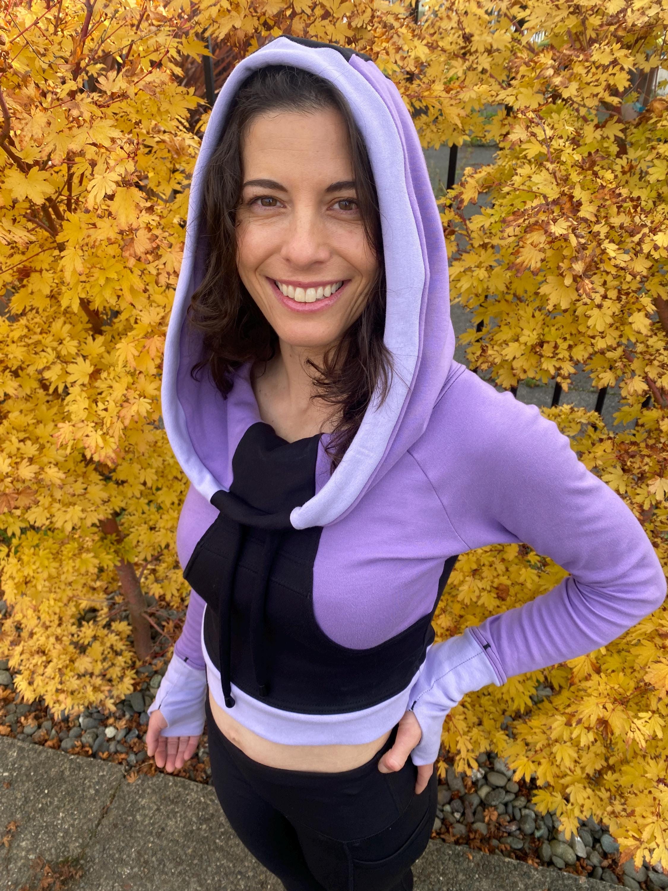 Interstellar Crop Hoodie - Organic Cotton Cowl Hooded Crop Pullover Hoodie with Thumbhole Cuffs and Front Pocket/ Women's Fitted Long Sleeve