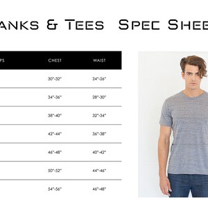 May include: Image shows a gray t-shirt and a size chart for tanks and tees. The chart lists chest and waist measurements in inches for sizes XS to 3X. The text "TANKS & TEES SPEC SHEET" is at the top.