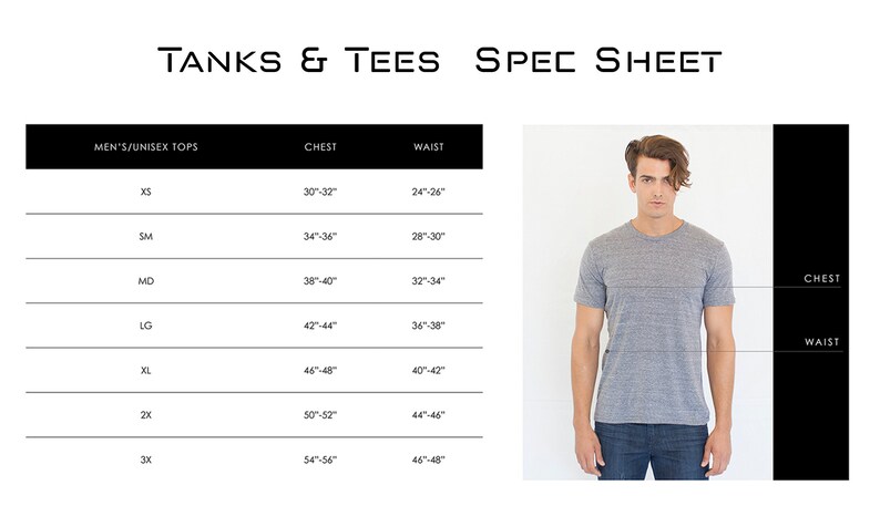 May include: Image shows a gray t-shirt and a size chart for tanks and tees. The chart lists chest and waist measurements in inches for sizes XS to 3X. The text "TANKS & TEES SPEC SHEET" is at the top.