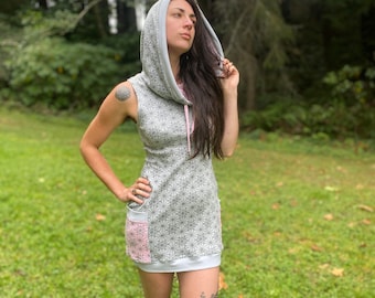 Sleeveless Portal Dress / Organic Cotton Grey Cowl Hooded Dress with Pockets / Sacred Geometry / Geometric / Natural / Dance / activewear