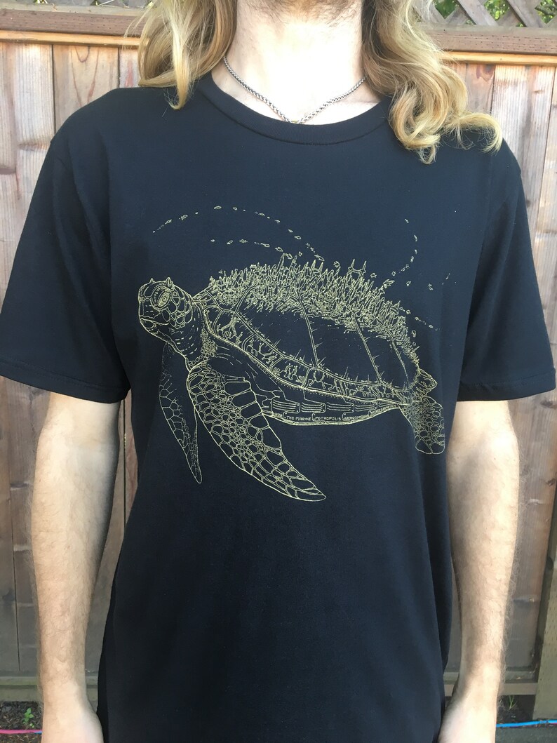 Marine Metropolis Unisex Organic Cotton Tee Shirt / Sea Turtle / Nature / ocean / underwater / space / spaceship / creature / futuristic image 1