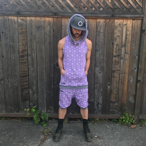 The Summer Jumpsuit - Bio Baumwolle Kapuzenpullover & Drop Crotch Shorts / Festival / Hoodie / Sacred Geometry Jogger / Herren Strampler