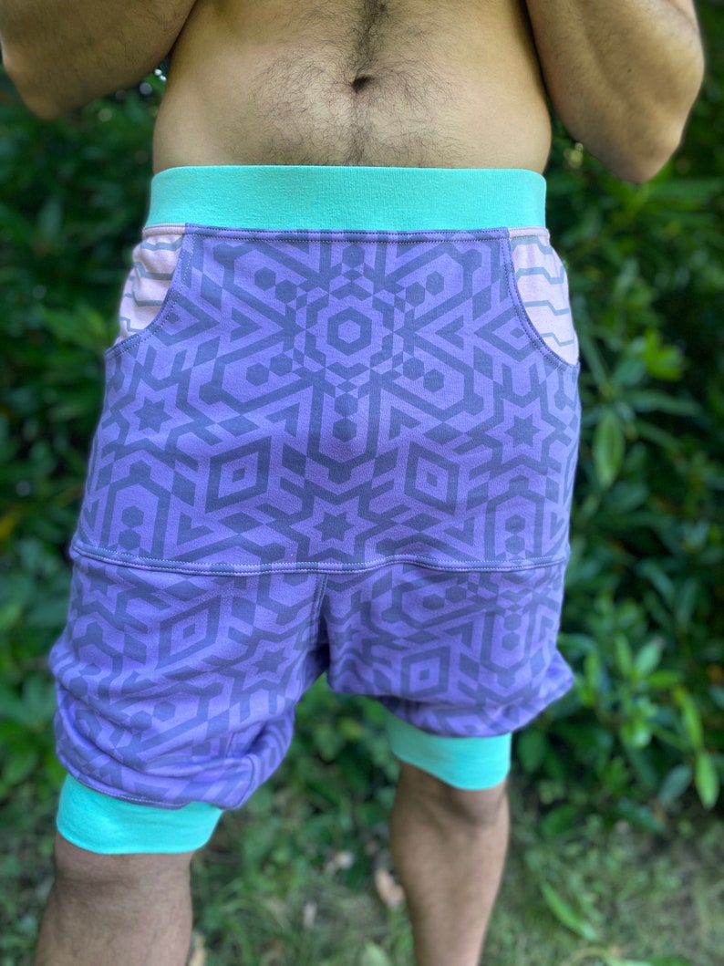 Vert Shorts Organic Cotton Unisex Drop Crotch Joggers / men's Shorts / Women's Shorts / Sacred Geometry / Festival / dance / activewear image 6