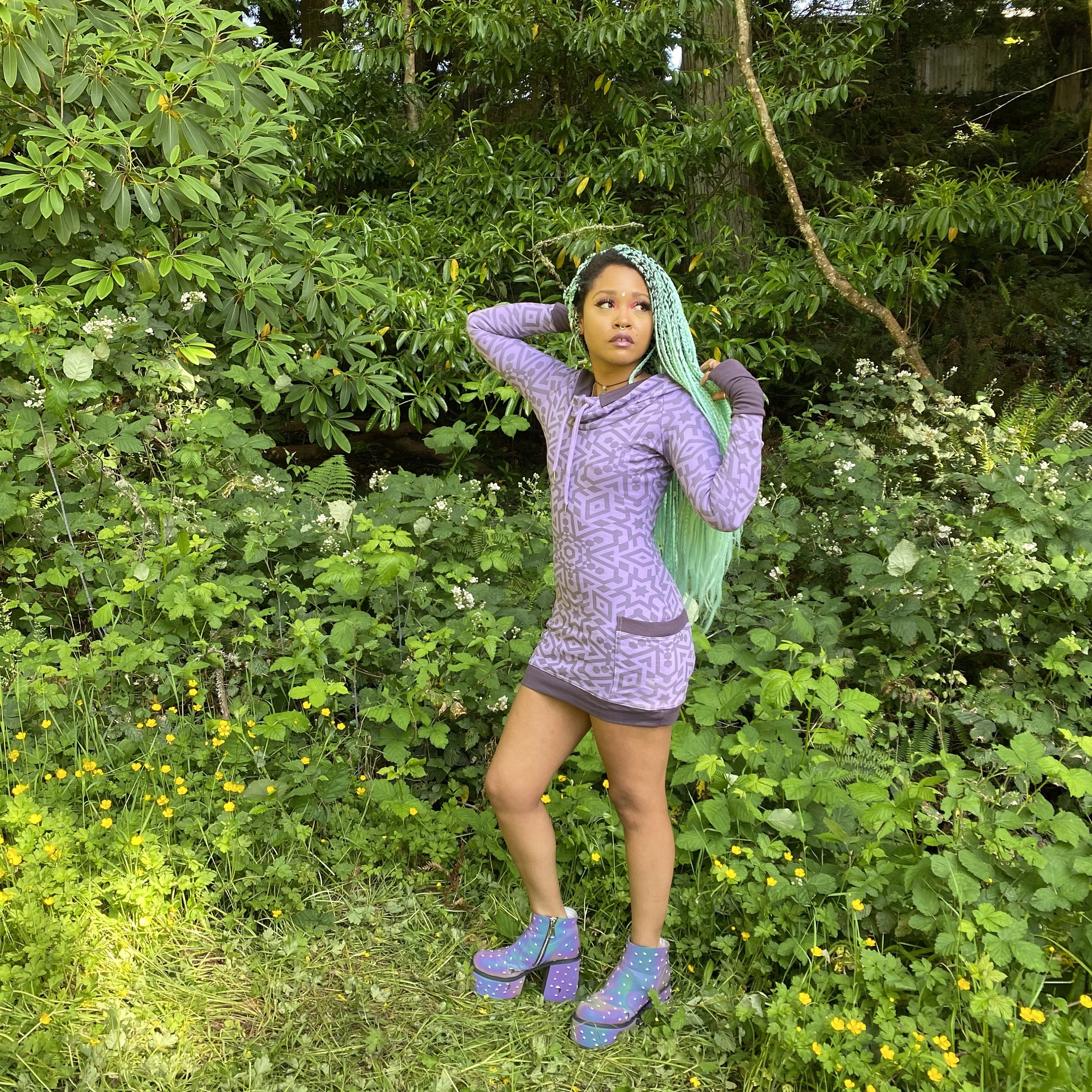The Portal Dress - Organic Cotton Purple Cowl Hooded/Sacred Geometry Festival Geometric Natural Hoodie Dance