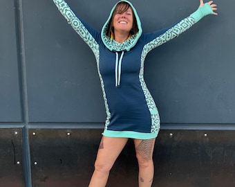 The Side Panel Portal Dress / Organic Cotton Cowl Blue Hooded Dress / Festival Dance wear / Hoodie Dress with Thumbhole cuffs and Pockets