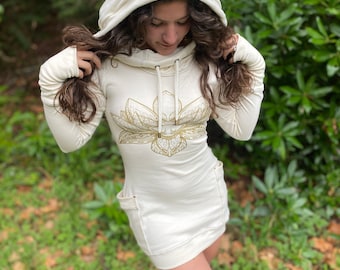 The Lotus - Portal Dress / Organic Cotton Natural Cowl Hooded Dress with Pockets/ Sacred Geometry / Women's Dress / Hoodie Dress