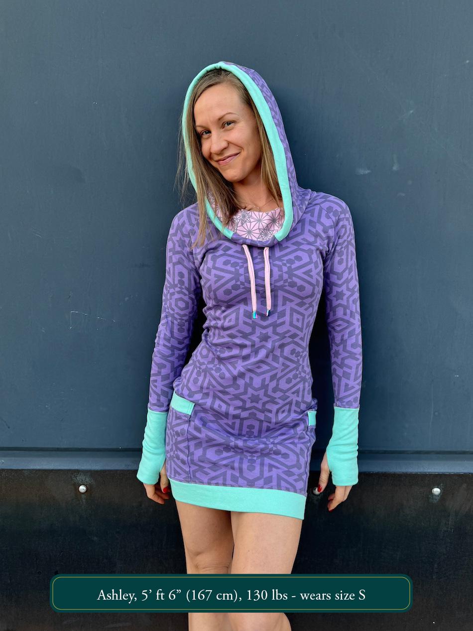 The Portal Dress - Organic Cotton Purple Cowl Hooded/Sacred Geometry Festival Geometric Natural Hoodie Dance