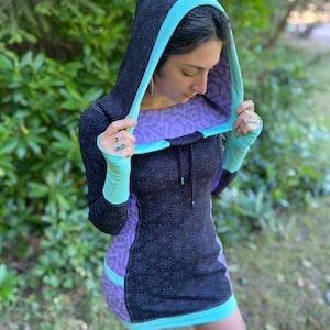 The Side Panel Portal Dress / Women's Organic Cotton Cowl Hooded Dress / Sacred Geometry Clothing / Festival Hoodie Dress with thumb holes