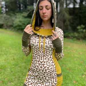 The Side Panel Portal Dress / Women&#39;s Organic Cotton Cowl Hooded Dress / Sacred Geometry Clothing / Geometric / Burner / Activewear / Dance