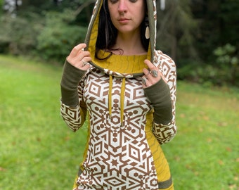 The Side Panel Portal Dress / Women's Organic Cotton Cowl Hooded Dress / Sacred Geometry Clothing / Geometric / Burner / Activewear / Dance