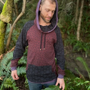 The Portal Hoodie - Organic Cotton Cowl Hooded Pullover / Sacred Geometry Clothing / Extra Long Unisex Brown and Black Geometric Hoodie