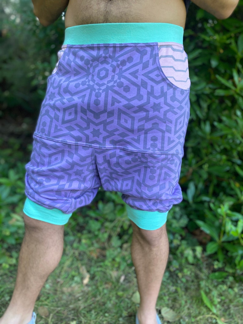 Vert Shorts Organic Cotton Unisex Drop Crotch Joggers / men's Shorts / Women's Shorts / Sacred Geometry / Festival / dance / activewear image 4