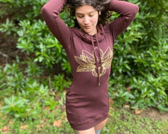 The Lotus - Portal Dress / Organic Cotton Brown Hooded Fitted Tunic Dress with Pockets/ Sacred Geometry Women's Dress / Hoodie Dress