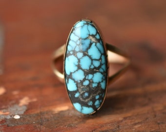 1980s 14K Vintage Native Made Stunning Turquoise Oval Ring Signed "EB" in Yellow Gold