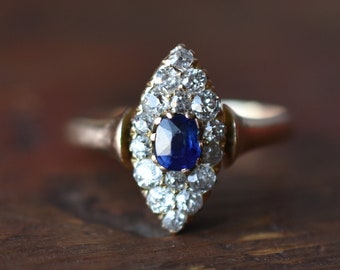 1910s 10K Antique Navette Style Diamond Pave Ring in Yellow Gold